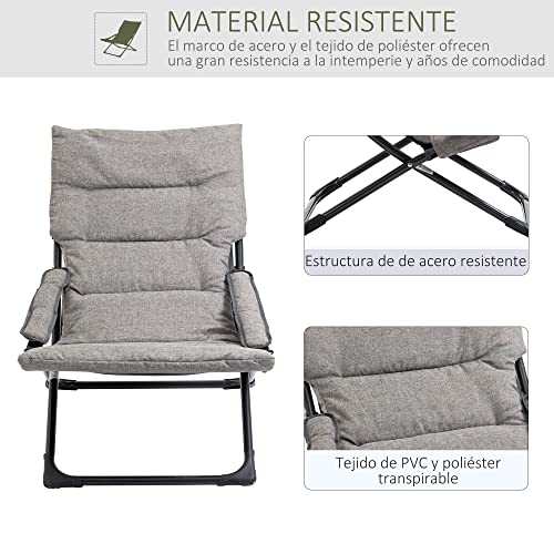 Outsunny 2 en 1 Silla de Camping Plegable Silla de Jardín Portátil con Cojín Acolchado Extraíble y Reposabrazos Marco de Acero para Terraza Playa Exterior 66x94x79 cm Gris