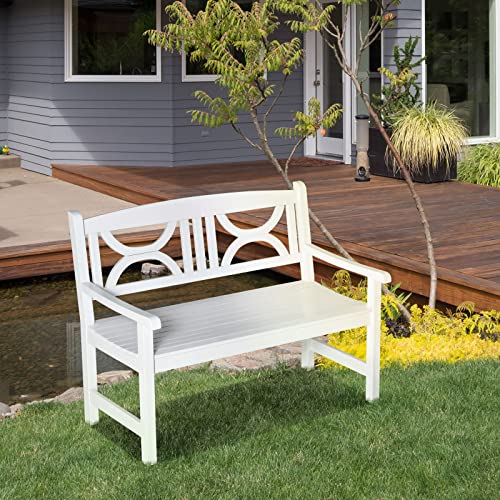 Outsunny Banco de Madera Maciza Exterior de 2 Plazas 123x61x89,5 cm Banco de Jardín con Respaldo Decorativo y Reposabrazos para Terraza Balcón Patio Carga 250 kg Blanco