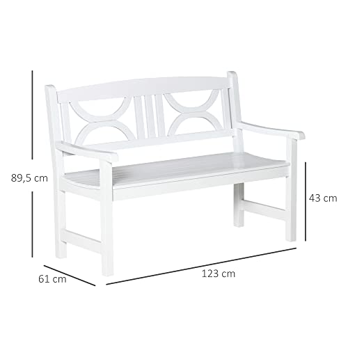 Outsunny Banco de Madera Maciza Exterior de 2 Plazas 123x61x89,5 cm Banco de Jardín con Respaldo Decorativo y Reposabrazos para Terraza Balcón Patio Carga 250 kg Blanco