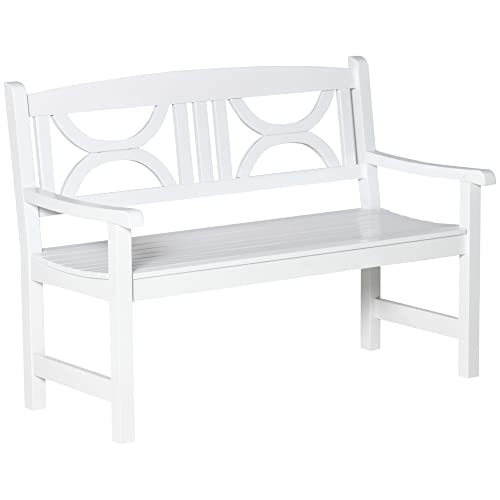 Outsunny Banco de Madera Maciza Exterior de 2 Plazas 123x61x89,5 cm Banco de Jardín con Respaldo Decorativo y Reposabrazos para Terraza Balcón Patio Carga 250 kg Blanco