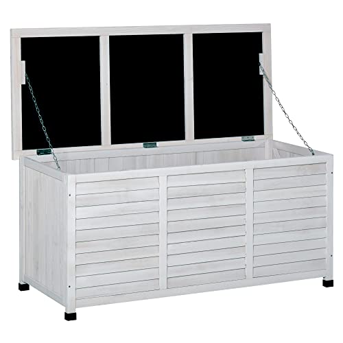 Outsunny Baúl de Madera Exterior Caja de Almacenamiento de Jardín con Tapa Abrible y Diseño Persiana 127x56x60 cm Blanco