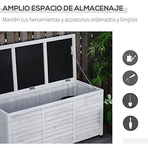 Outsunny Baúl de Madera Exterior Caja de Almacenamiento de Jardín con Tapa Abrible y Diseño Persiana 127x56x60 cm Blanco