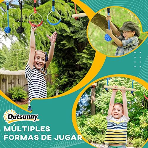 Outsunny Carrera de Obstáculos Ninja para Patio de Niños Equipo de Entrenamiento Slackline de 10 m con Barras de Mono Anillos de Gimnasia Protector de Árboles y Bolsa de Transporte