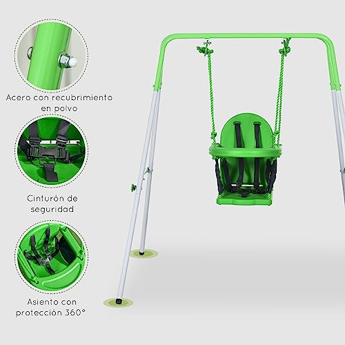 Outsunny Columpio Infantil de Acero Columpio para Niños de 6-36 Meses con Respaldo y Cinturón de Seguridad para Interiores y Exteriores Carga Máx. 25 kg 122x146x122 cm Verde