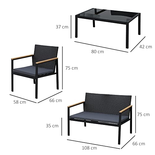 Outsunny Conjunto Muebles de Ratán PE de 4 Piezas con Cojines 2 Sillones 1 Sofá Doble y Mesa de Centro para Jardín Terraza Patio Negro y Gris