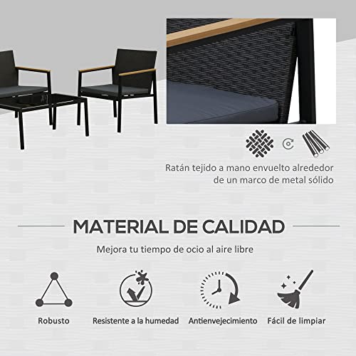 Outsunny Conjunto Muebles de Ratán PE de 4 Piezas con Cojines 2 Sillones 1 Sofá Doble y Mesa de Centro para Jardín Terraza Patio Negro y Gris