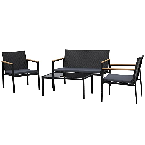 Outsunny Conjunto Muebles de Ratán PE de 4 Piezas con Cojines 2 Sillones 1 Sofá Doble y Mesa de Centro para Jardín Terraza Patio Negro y Gris