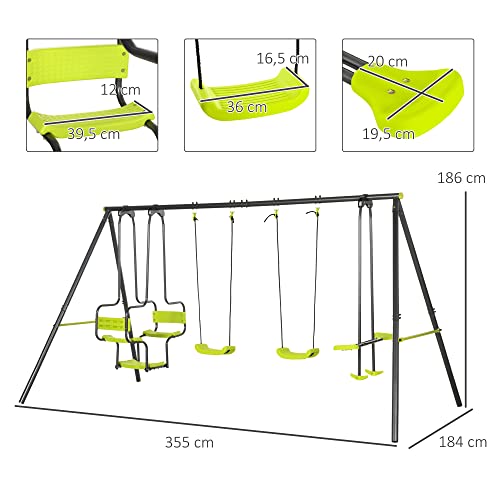 Outsunny Juego de Columpio Infantil Exterior con 2 Columpios Asientos Abatibles Balancín y Marco de Acero Columpios para Niños de 3-8 Años 355x184x186 cm Verde