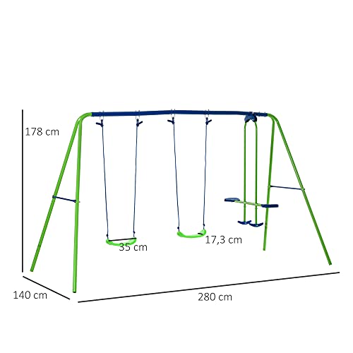 Outsunny Juego de Columpios de Jardín de Metal con Altura Ajustable Columpios para Niños de +3 Años con Columpio Doble Balancín para Patio Terraza 280x140x178 cm Verde