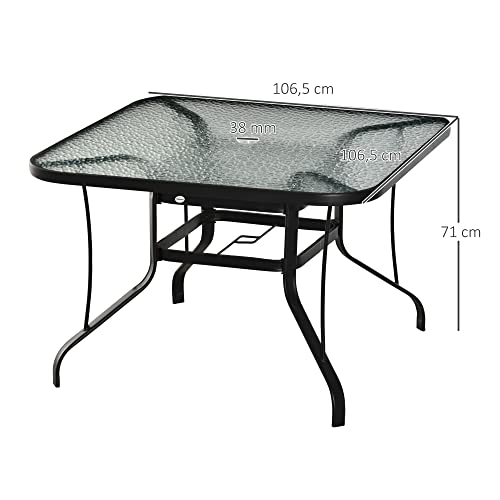 Outsunny Mesa de Jardín en Vidrio con Agujero de Comedor Cuadrada con Estructura de Acero para Balcón 106,5x106,5x71 cm Negro