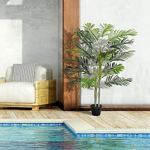 Outsunny Palma Artificial 150cm con Cañas Naturales Árbol Planta Decorativa Sintética con Maceta Casa Terraza Jardín Decoración