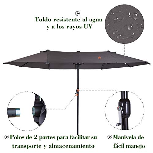 Outsunny Sombrilla Parasol Doble para Jardín 4,55x2,65x2,38 m Sombrilla Gigante Anti UV con Manivela para Exterior Patio Terraza Piscina Color Gris