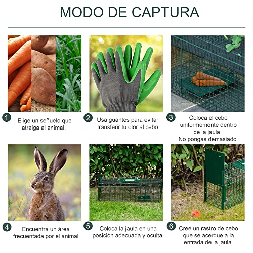 Outsunny Trampa para Animales Vivos con Puerta Jaula de Captura Metálica con Asa para Conejos Visones Pequeños 60x18x20 cm Verde Oscuro