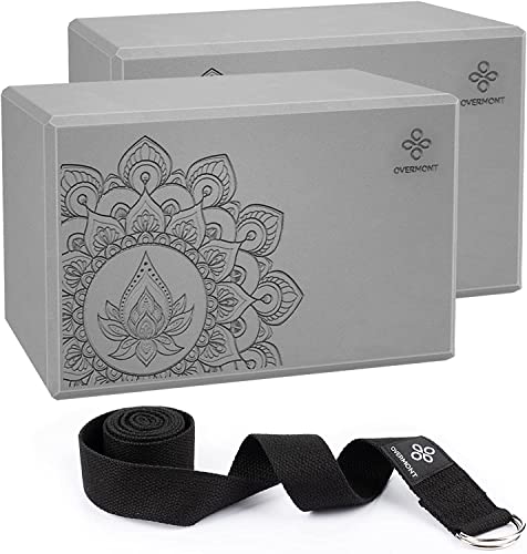 OVERMONT Bloques de Yoga 2 Pcs Espuma EVA 23.5 x 15.5cm para Fitness Pilates Estiramiento y Meditación con Correa de Yoga