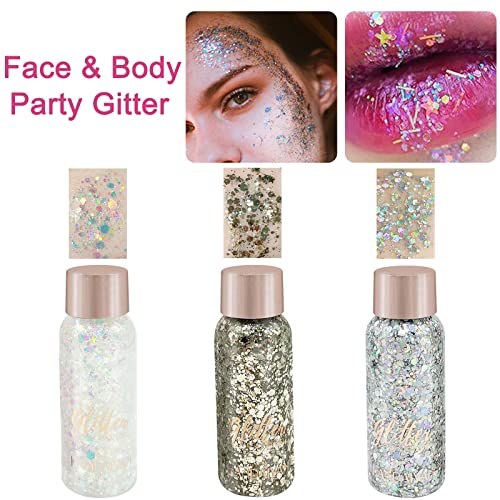 Owelth 3 Colores Gel Purpurina liquida corporal, para Cara y Pelo. Maquillaje, Chunky Sirena Lentejuelas, Glitter para Halloween Festival Masquerade Cumpleanos