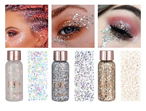 Owelth 3 Colores Gel Purpurina liquida corporal, para Cara y Pelo. Maquillaje, Chunky Sirena Lentejuelas, Glitter para Halloween Festival Masquerade Cumpleanos