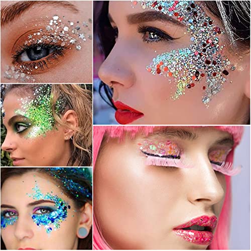 Owelth 3 Colores Gel Purpurina liquida corporal, para Cara y Pelo. Maquillaje, Chunky Sirena Lentejuelas, Glitter para Halloween Festival Masquerade Cumpleanos