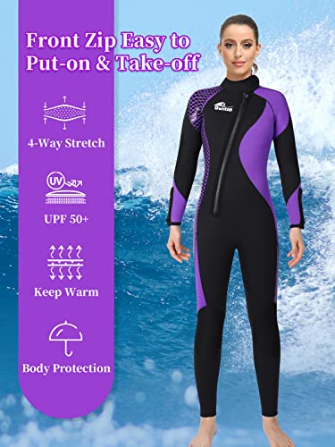 Owntop Mujeres Trajes de Neopreno 5mm Trajes de Buceo - Traje Húmedo para Mujeres en Agua Fría, Cremallera Frontal Manga Larga Elástico Una Pieza Termal UPF50+ Traje de Baño para Snorkel, Morado S