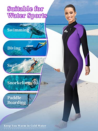 Owntop Mujeres Trajes de Neopreno 5mm Trajes de Buceo - Traje Húmedo para Mujeres en Agua Fría, Cremallera Frontal Manga Larga Elástico Una Pieza Termal UPF50+ Traje de Baño para Snorkel, Morado S