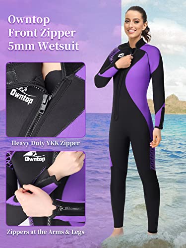 Owntop Mujeres Trajes de Neopreno 5mm Trajes de Buceo - Traje Húmedo para Mujeres en Agua Fría, Cremallera Frontal Manga Larga Elástico Una Pieza Termal UPF50+ Traje de Baño para Snorkel, Morado S