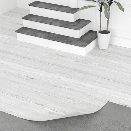 Oxdigi Suelo de PVC autoadhesivo de 6 m², aspecto de madera, baldosas de vinilo para puerta de entrada, salón, cocina, balcón, trastero, se puede cortar, suelos de vinilo, 0,6 x 10 m, color blanco