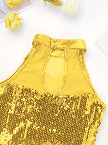 Oyolan Ropa de Danza Niñas Disfraz Traje de Baile Brillante Maillot de Danza Moderna con Plumas Lentejuelas Niña Princesa Disfraz de Baile Latino Ropa de Bailarina Amarillo 12