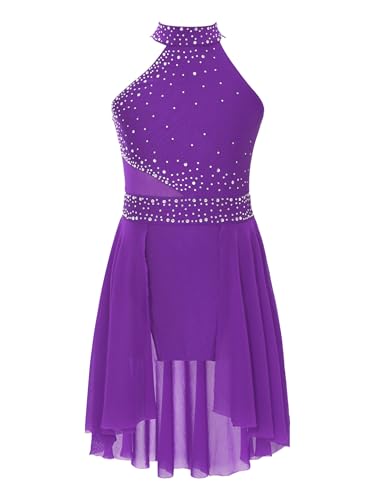 Oyolan Vestido Lentejuelas de Baile Latino para Niña Vestido sin Manga de Lentejuelas Maillot de Gimnasia Rítmica Monos de Patinaje Actuación Morado D 7-8 años