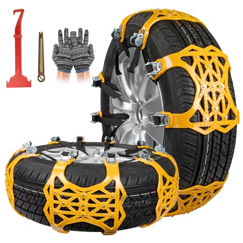 Oziral Cadenas de Nieve 7 Piezas Cadenas Antideslizantes Rueda de Neumático Ajustable con Pala de Nieve de Plástico y Guantes para Coche Camión SUV Carril Nieve Carretera Auto Seguridad 165-265 mm