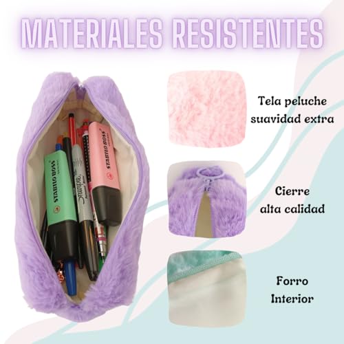 Pack 2 Estuche Escolar para Niña o Mujer - Estuches Escolares para Guardar Material De Papelería O Maquillaje De Peluche En Color Pastel - Neceser Pequeño para Chica De Un Compartimento (Rosa Azul)