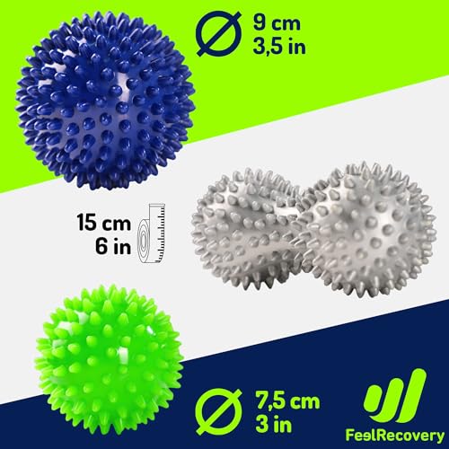 Pack 3 Pelotas de Masaje con Pinchos para Fascitis Plantar, Reflexología Podal y Liberación Miofascial - Bolas Masajeador Muscular Rehabilitación, Alivio del Dolor Manos, Pies y Piernas