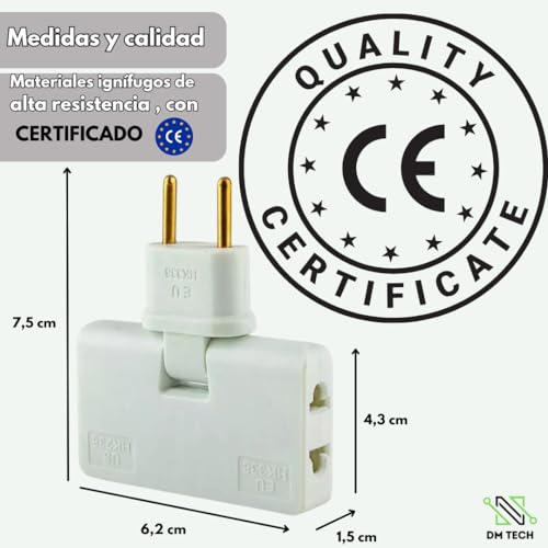 (Pack 4) Ladrón de enchufes Plano 3 en 1, válido para Lugares sin Espacio (detrás de TV, Mueble, Cama), Enchufe Giratorio 180º, Material ignífugo, 1500W, Certificado CE, 4 pcs.