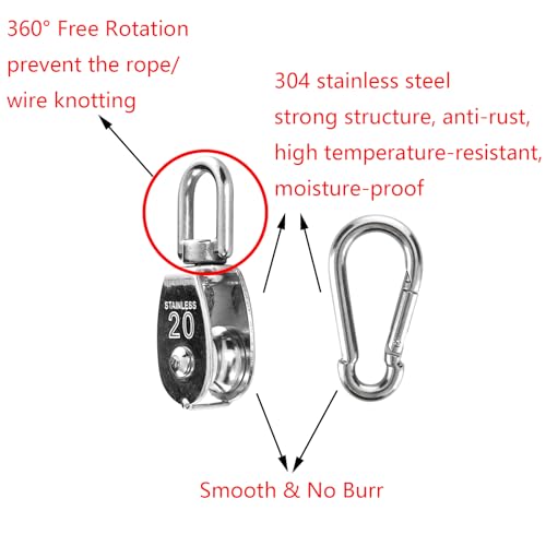 Pack 6 Unidades Bloques de Poleas Montadas M20 de Acero Inoxidable 304, Polea Monobloque Rotatoria con 6 Mosquetones