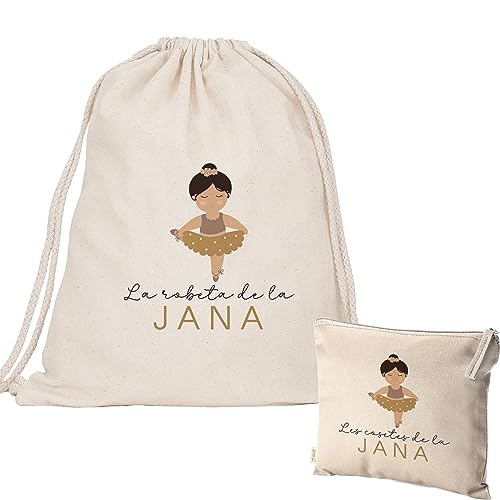 Pack Bolsa y neceser personalizado guardería escuela infantil Mochila con el nombre regalo original saco ropita preescolar algodón orgánico merienda organizadora Bailarina