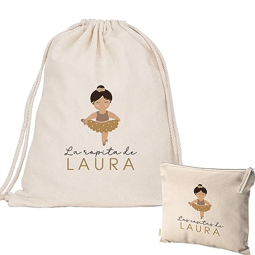 Pack Bolsa y neceser personalizado guardería escuela infantil Mochila con el nombre regalo original saco ropita preescolar algodón orgánico merienda organizadora Bailarina