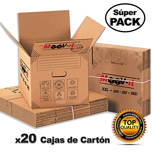 Pack de 20 cajas de cartón para mudanza, reforzado y resistente. Cajas de embalaje para envíos con asas.Para almacenaje y Embalaje.Reutilizables. (20Ud. (50x30x30cm))