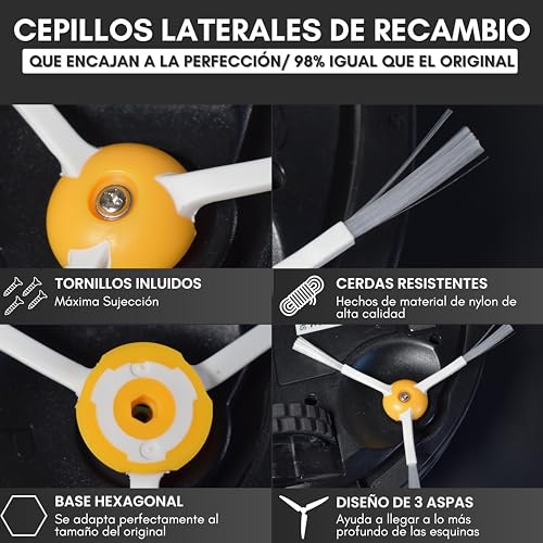 Pack de 4 Cepillos Laterales y 4 Tornillos de Repuesto para Roomba Serie 500, 600, 700, 800 y 900 - Kit de Accesorios de Recambio para Aspiradora Robot - Compatible con Roomba (Series 500, 600 y 700)