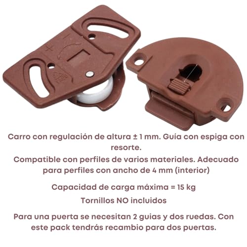 Pack de 4 ruedas puertas correderas y guias puerta corredera. Juego con Mecanismo válido para 2 puertas. Sistema de guia para puertas de armarios empotrados, muebles. AlburanⓇ