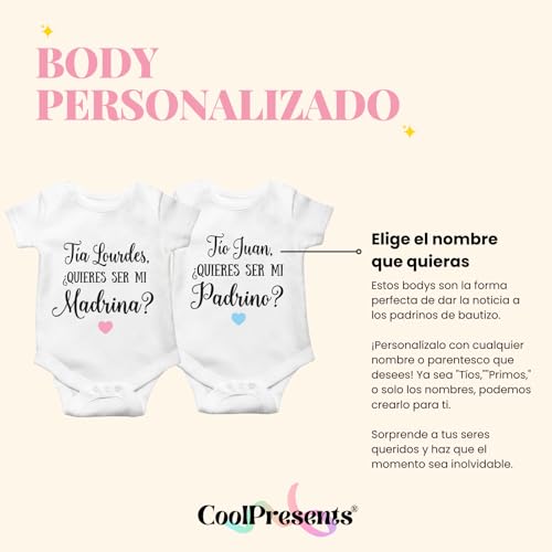 PACK de DOS Body Quieres ser mi Padrino Personalizado regalo para bautizo, quieres ser mi madrina, anuncio embarazo, detalles de bautizo niña o niño, regalo original sorpresa bautizo (0-3 Meses)