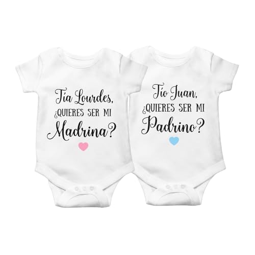 PACK de DOS Body Quieres ser mi Padrino Personalizado regalo para bautizo, quieres ser mi madrina, anuncio embarazo, detalles de bautizo niña o niño, regalo original sorpresa bautizo (0-3 Meses)