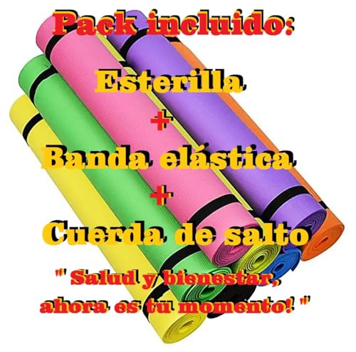 Pack Esterilla + Banda Elástica + Cuerda Salto, Yoga, Fitness, Pilates, Meditación, Ideal para principiantes que inician ejercicios en casa o Gym, Esterilla, Antideslizante, Mat Eva (Naranja)