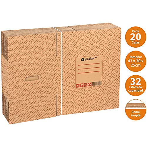 packer PRO Pack 20 Cajas Carton para Mudanzas y Almacenaje Ultra Resistentes con Asas 430x300x250mm