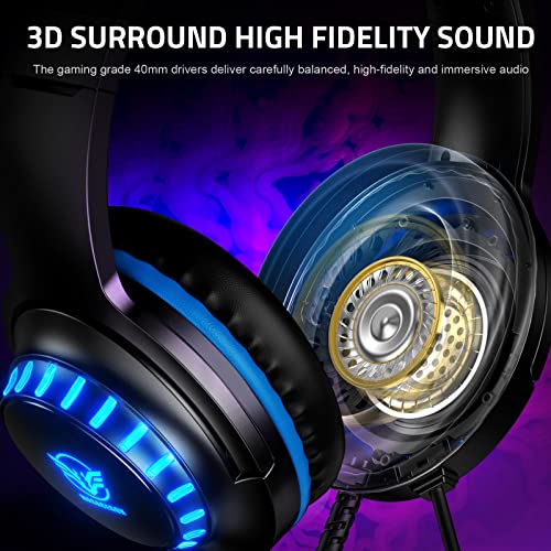 Pacrate Cascos Gaming para PS4/PS5/Xbox One/Nintendo Switch/PC, Auriculares Gaming con Microfono Cascos PS4 con Sonido Envolvente Estéreo, Cascos Gamer con Cancelación de Ruido, Luz LED, Azul