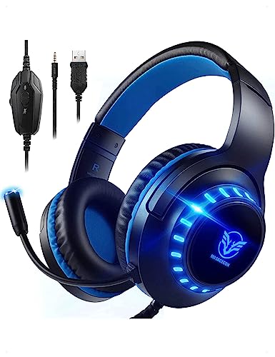 Pacrate Cascos Gaming para PS4/PS5/Xbox One/Nintendo Switch/PC, Auriculares Gaming con Microfono Cascos PS4 con Sonido Envolvente Estéreo, Cascos Gamer con Cancelación de Ruido, Luz LED, Azul