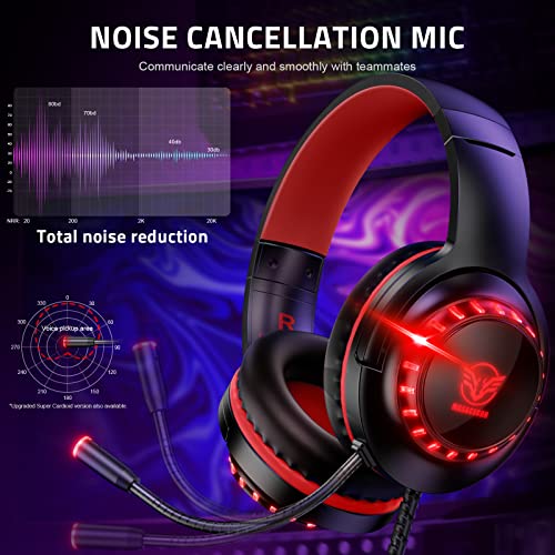 Pacrate Cascos Gaming para PS4/PS5/Xbox One/Nintendo Switch/PC, Auriculares Gaming con Microfono Cascos PS4 con Sonido Envolvente Estéreo, Cascos Gamer con Cancelación de Ruido, Luz LED, Rojo