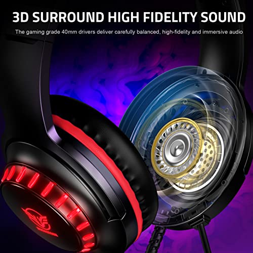 Pacrate Cascos Gaming para PS4/PS5/Xbox One/Nintendo Switch/PC, Auriculares Gaming con Microfono Cascos PS4 con Sonido Envolvente Estéreo, Cascos Gamer con Cancelación de Ruido, Luz LED, Rojo