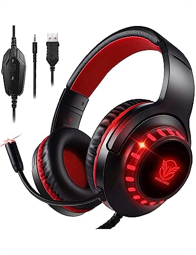 Pacrate Cascos Gaming para PS4/PS5/Xbox One/Nintendo Switch/PC, Auriculares Gaming con Microfono Cascos PS4 con Sonido Envolvente Estéreo, Cascos Gamer con Cancelación de Ruido, Luz LED, Rojo