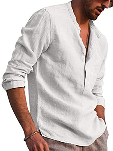 PADOLA Hombre Camisas Lino T-Shirt Suelta Manga Larga Casual Top Color Sólido Camisa de Verano Regular Fit Respirable Henley Camisas Casual (1 Blanco L)