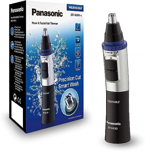 Panasonic ER-GN30-K503 - Naricero/ Recortador de Vello Facial (Nariz, Oreja, Cejas y Bigote, Acero Inoxidable, Función con Pilas, Sistema de Limpieza, male Inteligente) Azul/ Negro/ Plata, Estándar