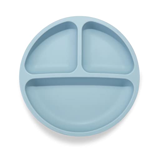 PandaEar Platos de silicona para bebé antideslizantes para niños con ventosas – Platos de bebé estables divididos – sin BPA – Paquete de 3 – Apto para lavavajillas y microondas (Azul/verde/marrón)