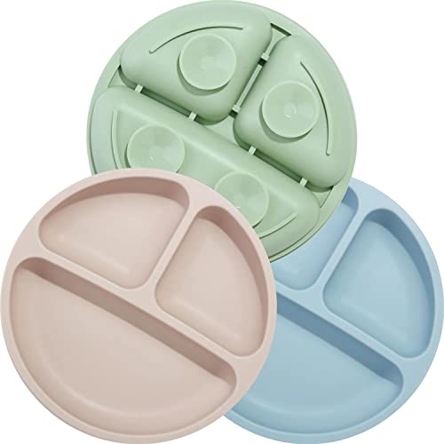 PandaEar Platos de silicona para bebé antideslizantes para niños con ventosas – Platos de bebé estables divididos – sin BPA – Paquete de 3 – Apto para lavavajillas y microondas (Azul/verde/marrón)